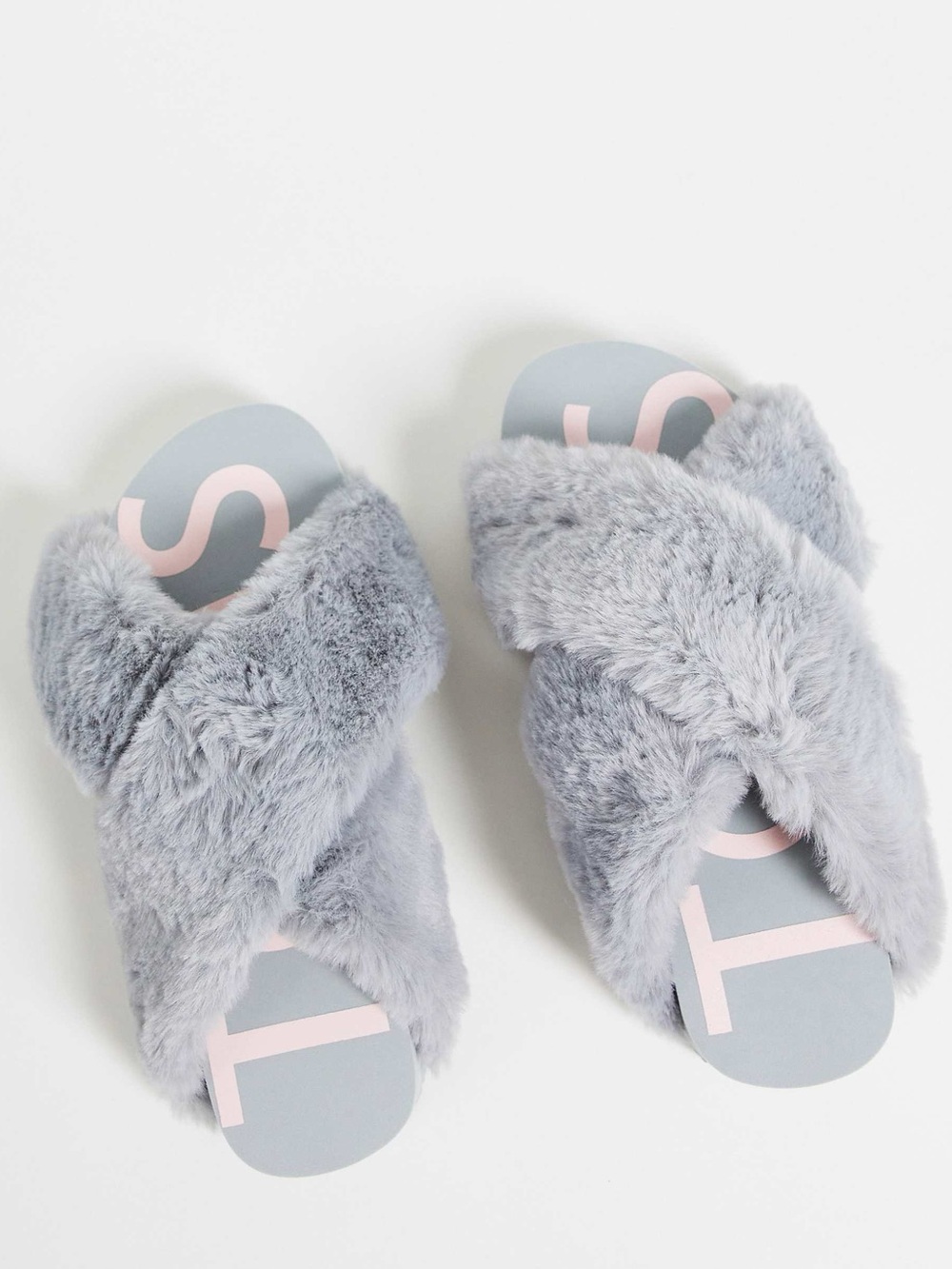 Toms Gray Faux Fur Crisscross Slide Sandals with Pink Accent